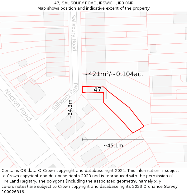 47, SALISBURY ROAD, IPSWICH, IP3 0NP: Plot and title map