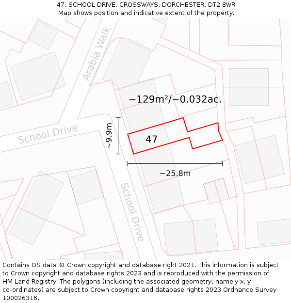 47, SCHOOL DRIVE, CROSSWAYS, DORCHESTER, DT2 8WR: Plot and title map