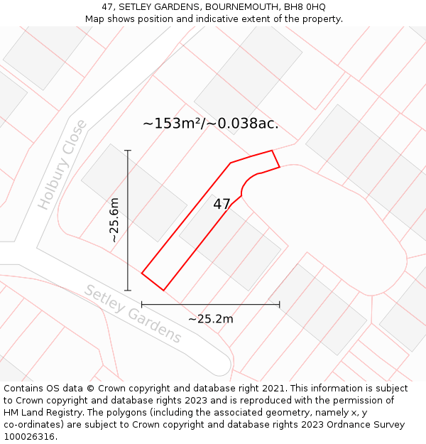47, SETLEY GARDENS, BOURNEMOUTH, BH8 0HQ: Plot and title map