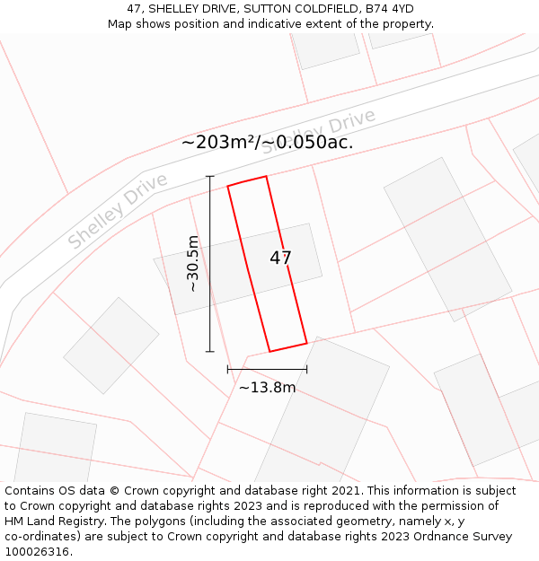 47, SHELLEY DRIVE, SUTTON COLDFIELD, B74 4YD: Plot and title map