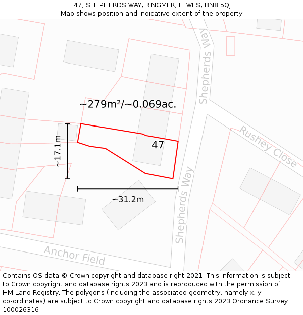 47, SHEPHERDS WAY, RINGMER, LEWES, BN8 5QJ: Plot and title map
