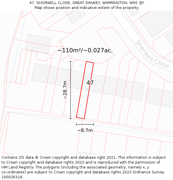 47, SHORWELL CLOSE, GREAT SANKEY, WARRINGTON, WA5 3JY: Plot and title map