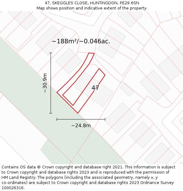 47, SKEGGLES CLOSE, HUNTINGDON, PE29 6SN: Plot and title map