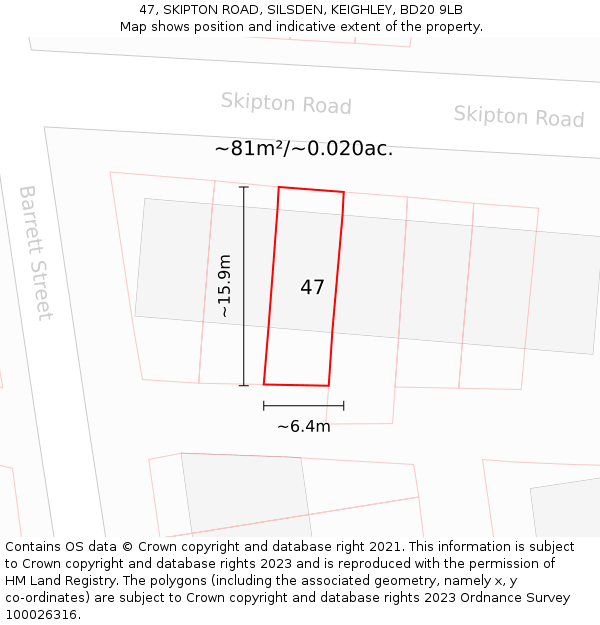 47, SKIPTON ROAD, SILSDEN, KEIGHLEY, BD20 9LB: Plot and title map