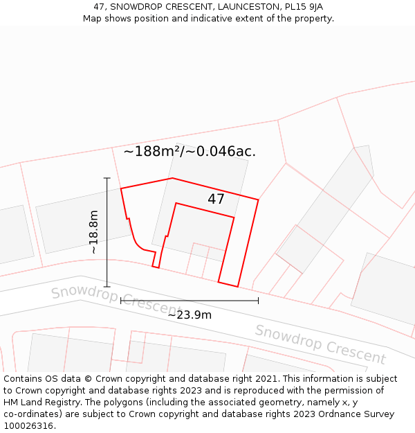 47, SNOWDROP CRESCENT, LAUNCESTON, PL15 9JA: Plot and title map