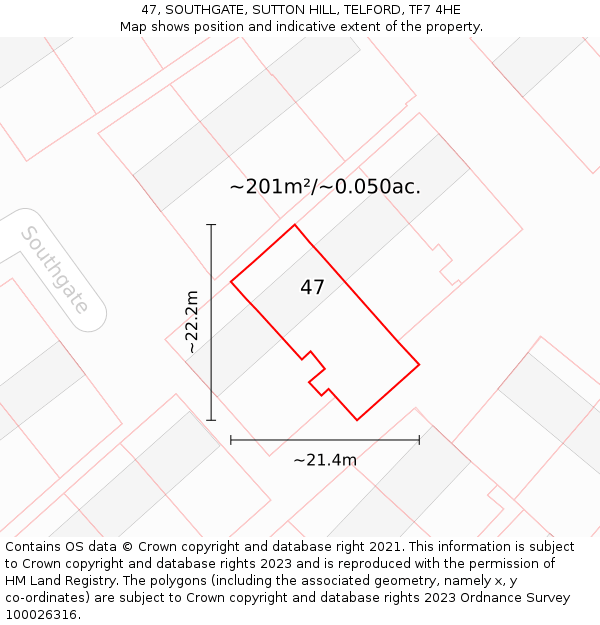 47, SOUTHGATE, SUTTON HILL, TELFORD, TF7 4HE: Plot and title map