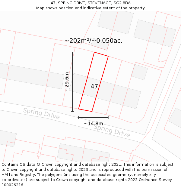 47, SPRING DRIVE, STEVENAGE, SG2 8BA: Plot and title map
