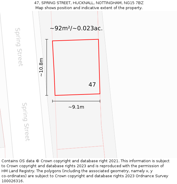 47, SPRING STREET, HUCKNALL, NOTTINGHAM, NG15 7BZ: Plot and title map