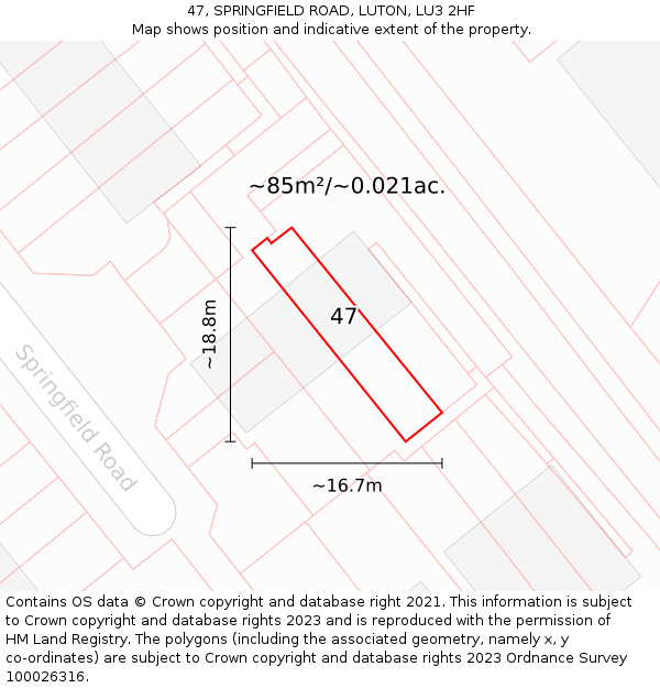 47, SPRINGFIELD ROAD, LUTON, LU3 2HF: Plot and title map