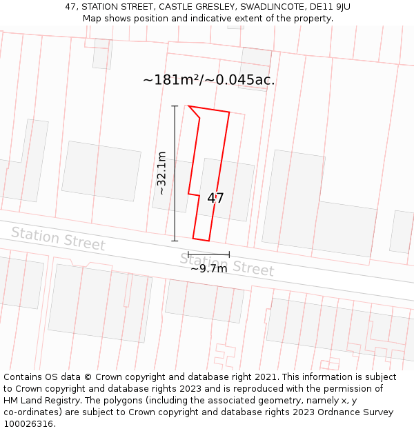 47, STATION STREET, CASTLE GRESLEY, SWADLINCOTE, DE11 9JU: Plot and title map