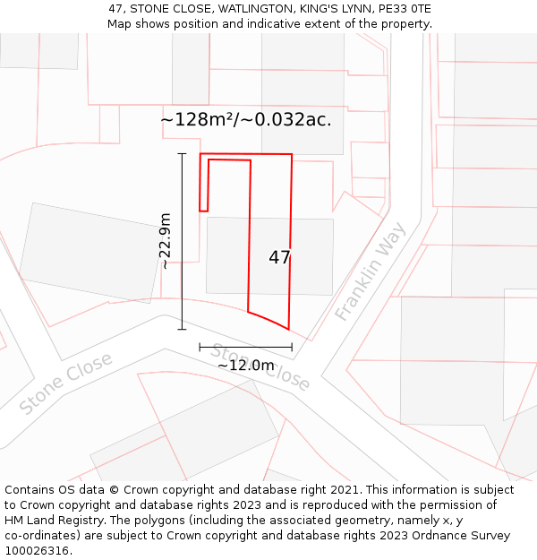 47, STONE CLOSE, WATLINGTON, KING'S LYNN, PE33 0TE: Plot and title map