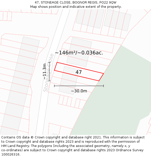 47, STONEAGE CLOSE, BOGNOR REGIS, PO22 9QW: Plot and title map