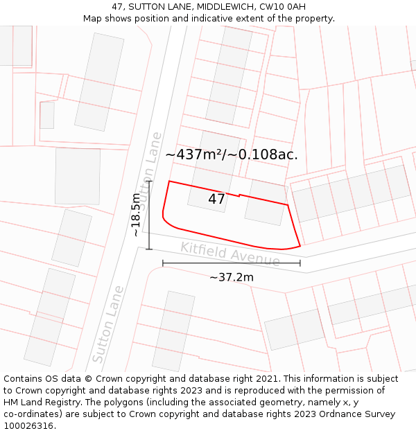 47, SUTTON LANE, MIDDLEWICH, CW10 0AH: Plot and title map