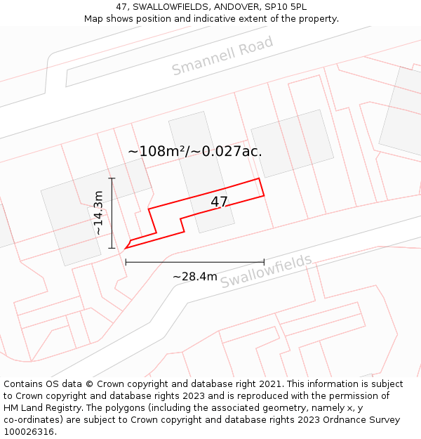 47, SWALLOWFIELDS, ANDOVER, SP10 5PL: Plot and title map