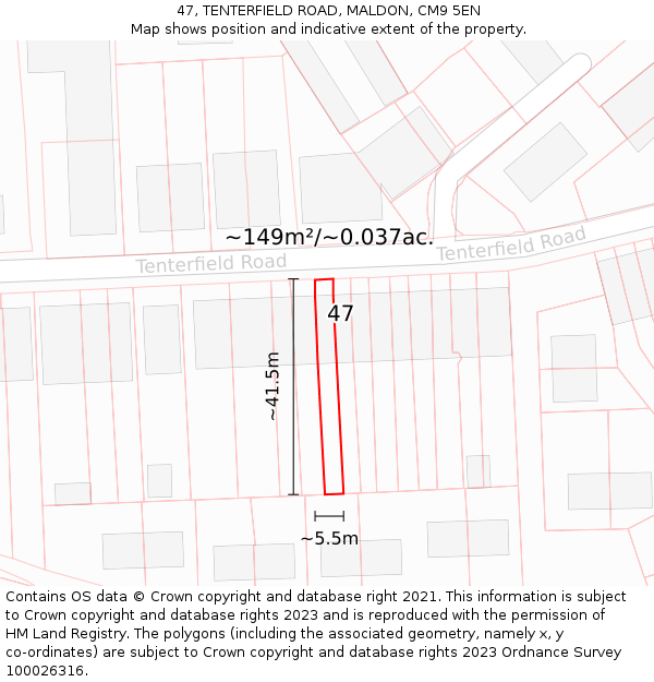 47, TENTERFIELD ROAD, MALDON, CM9 5EN: Plot and title map