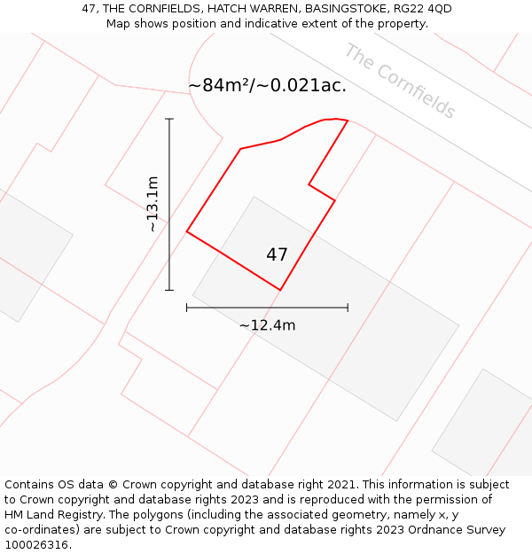 47, THE CORNFIELDS, HATCH WARREN, BASINGSTOKE, RG22 4QD: Plot and title map