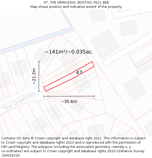 47, THE GRAYLINGS, BOSTON, PE21 8EB: Plot and title map