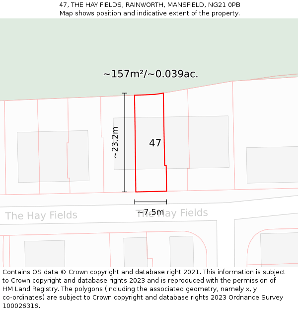 47, THE HAY FIELDS, RAINWORTH, MANSFIELD, NG21 0PB: Plot and title map
