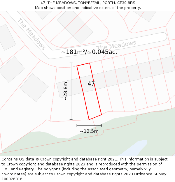 47, THE MEADOWS, TONYREFAIL, PORTH, CF39 8BS: Plot and title map