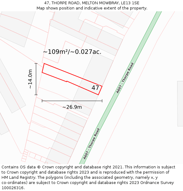 47, THORPE ROAD, MELTON MOWBRAY, LE13 1SE: Plot and title map