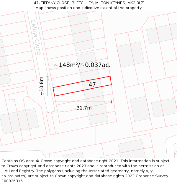 47, TIFFANY CLOSE, BLETCHLEY, MILTON KEYNES, MK2 3LZ: Plot and title map