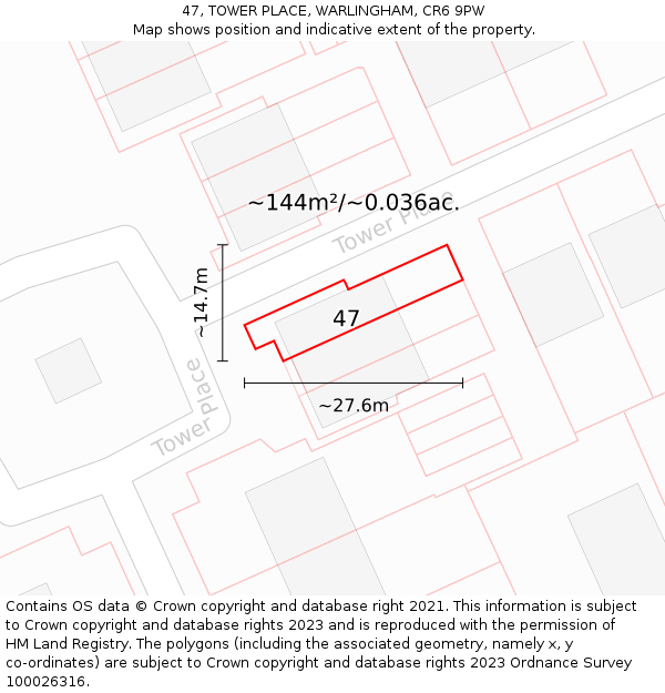 47, TOWER PLACE, WARLINGHAM, CR6 9PW: Plot and title map
