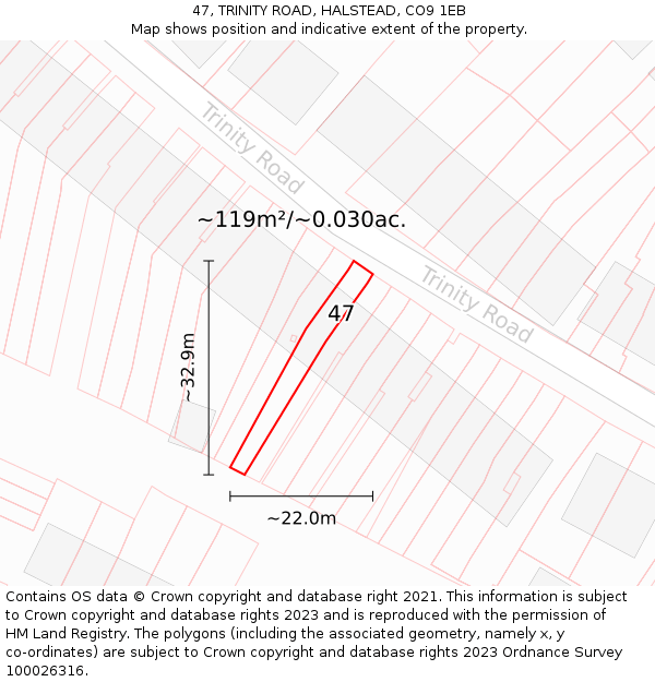 47, TRINITY ROAD, HALSTEAD, CO9 1EB: Plot and title map