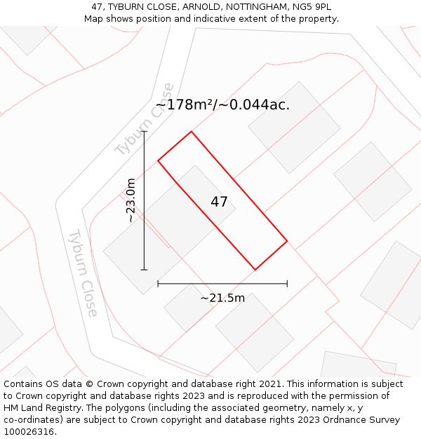 47, TYBURN CLOSE, ARNOLD, NOTTINGHAM, NG5 9PL: Plot and title map
