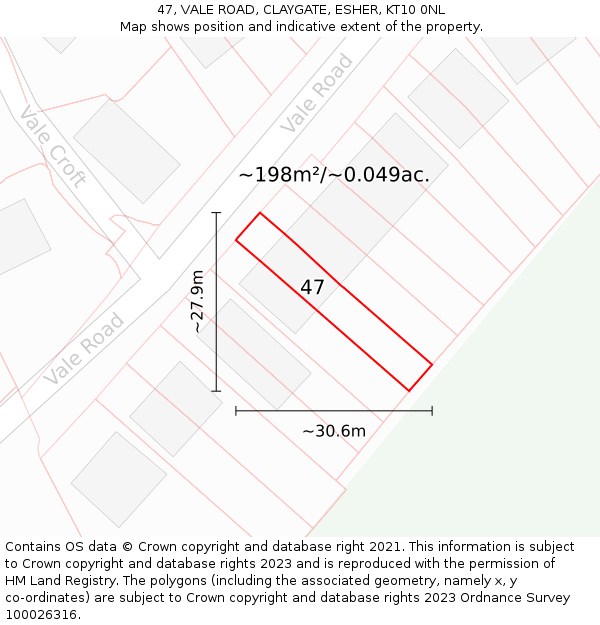 47, VALE ROAD, CLAYGATE, ESHER, KT10 0NL: Plot and title map