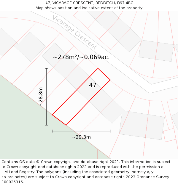 47, VICARAGE CRESCENT, REDDITCH, B97 4RG: Plot and title map