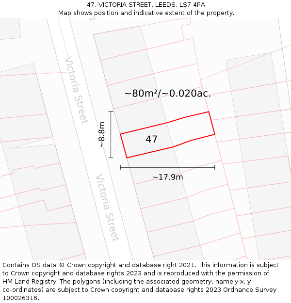 47, VICTORIA STREET, LEEDS, LS7 4PA: Plot and title map