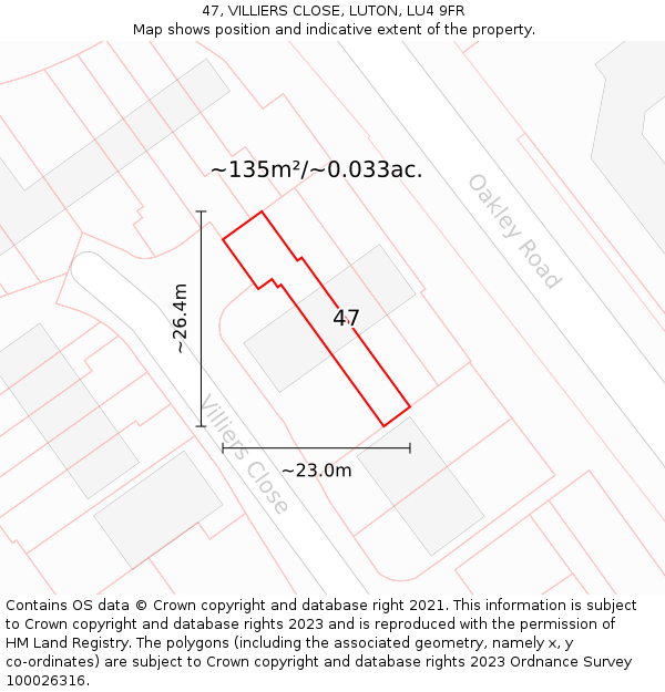 47, VILLIERS CLOSE, LUTON, LU4 9FR: Plot and title map