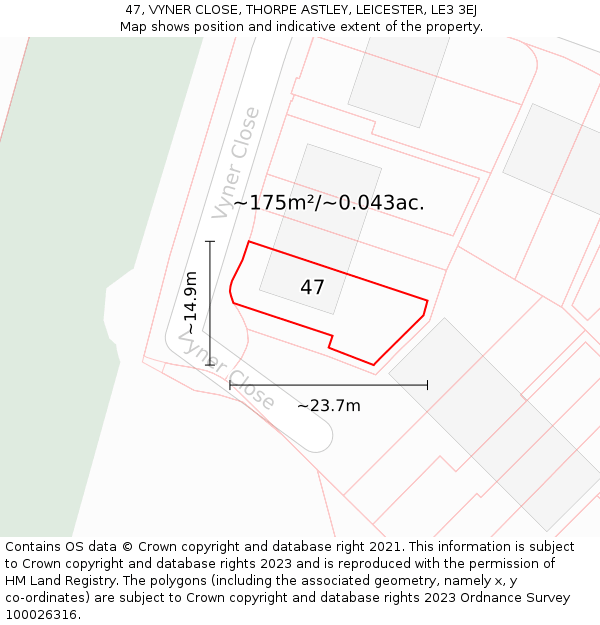 47, VYNER CLOSE, THORPE ASTLEY, LEICESTER, LE3 3EJ: Plot and title map