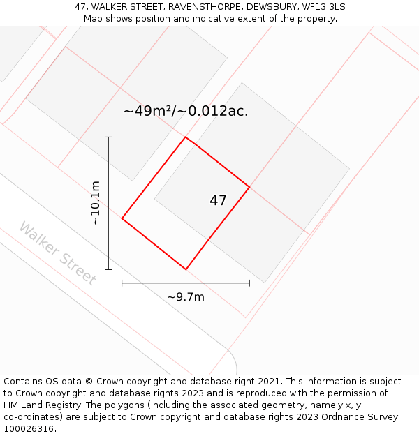 47, WALKER STREET, RAVENSTHORPE, DEWSBURY, WF13 3LS: Plot and title map