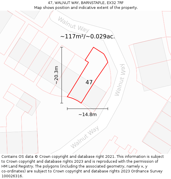 47, WALNUT WAY, BARNSTAPLE, EX32 7RF: Plot and title map
