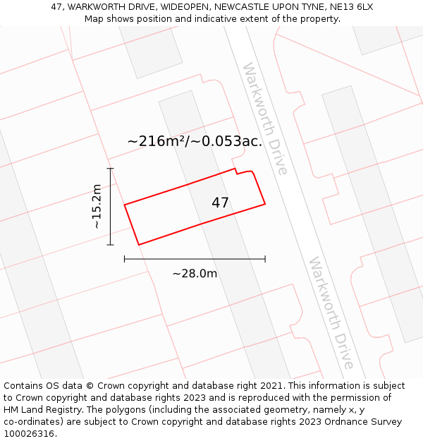 47, WARKWORTH DRIVE, WIDEOPEN, NEWCASTLE UPON TYNE, NE13 6LX: Plot and title map
