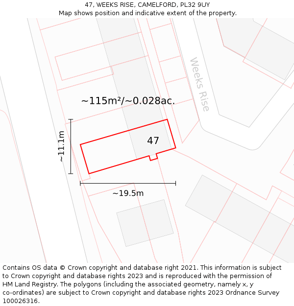 47, WEEKS RISE, CAMELFORD, PL32 9UY: Plot and title map