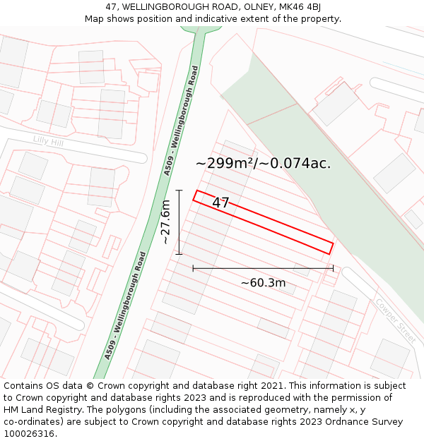 47, WELLINGBOROUGH ROAD, OLNEY, MK46 4BJ: Plot and title map