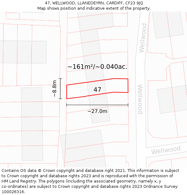 47, WELLWOOD, LLANEDEYRN, CARDIFF, CF23 9JQ: Plot and title map