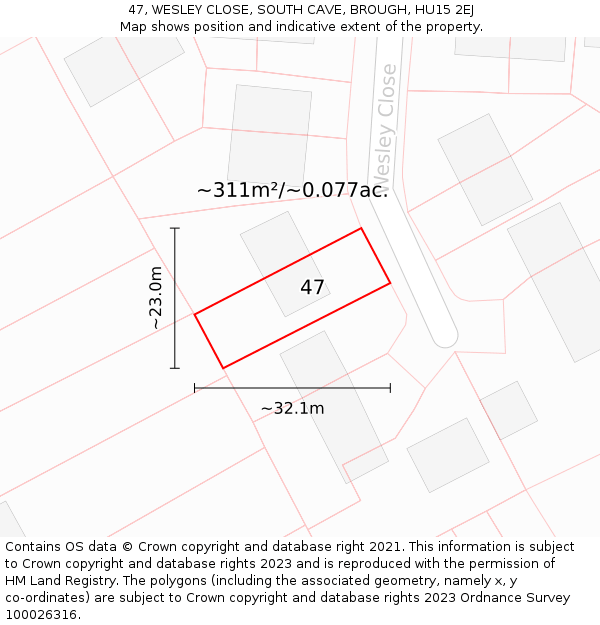 47, WESLEY CLOSE, SOUTH CAVE, BROUGH, HU15 2EJ: Plot and title map