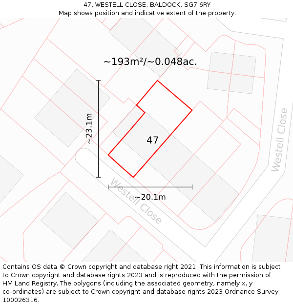 47, WESTELL CLOSE, BALDOCK, SG7 6RY: Plot and title map