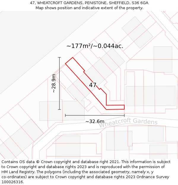 47, WHEATCROFT GARDENS, PENISTONE, SHEFFIELD, S36 6GA: Plot and title map