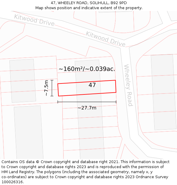47, WHEELEY ROAD, SOLIHULL, B92 9PD: Plot and title map