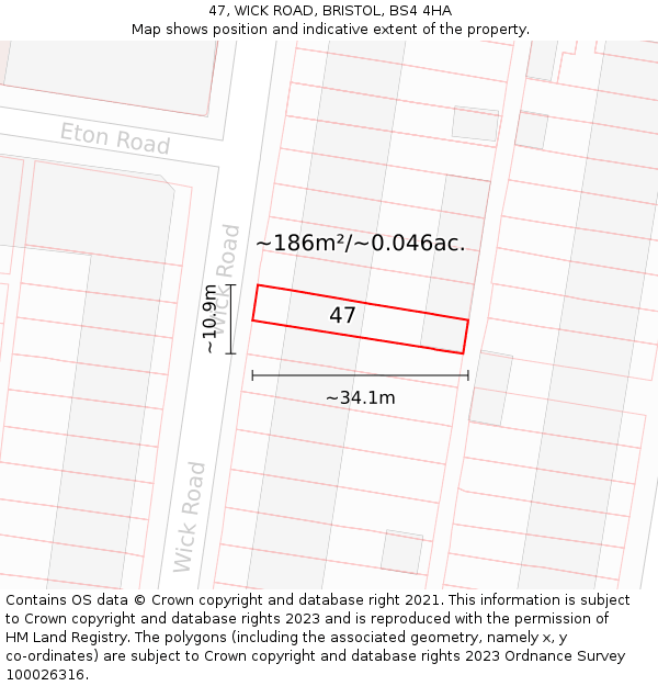 47, WICK ROAD, BRISTOL, BS4 4HA: Plot and title map