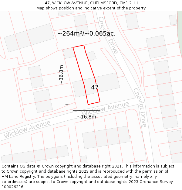 47, WICKLOW AVENUE, CHELMSFORD, CM1 2HH: Plot and title map