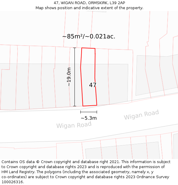 47, WIGAN ROAD, ORMSKIRK, L39 2AP: Plot and title map