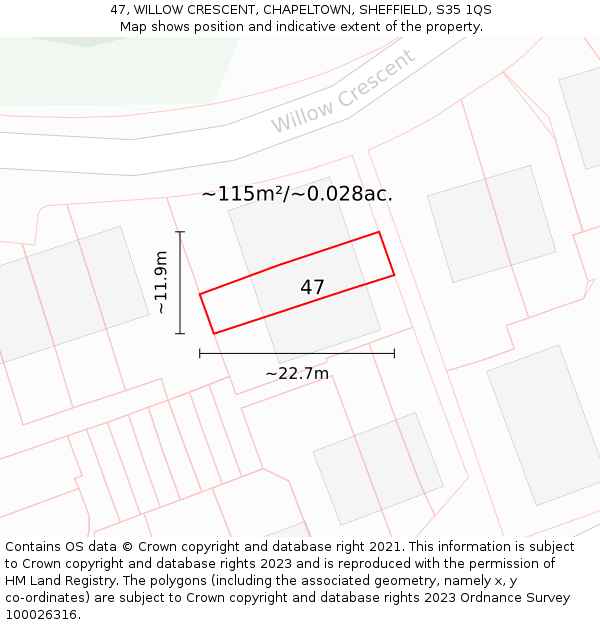 47, WILLOW CRESCENT, CHAPELTOWN, SHEFFIELD, S35 1QS: Plot and title map