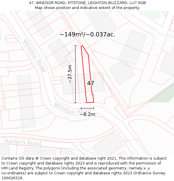47, WINDSOR ROAD, PITSTONE, LEIGHTON BUZZARD, LU7 9GB: Plot and title map