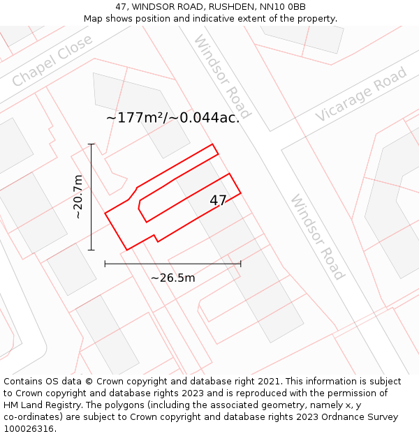 47, WINDSOR ROAD, RUSHDEN, NN10 0BB: Plot and title map