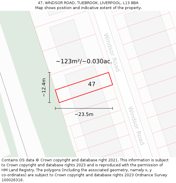 47, WINDSOR ROAD, TUEBROOK, LIVERPOOL, L13 8BA: Plot and title map